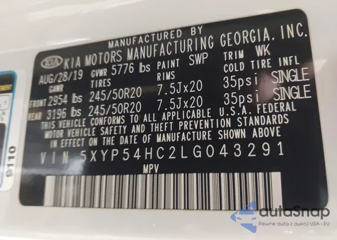 2020 Kia Telluride Sx z USA, uszkodzony, nr VIN 5XYP54HC2LG043291